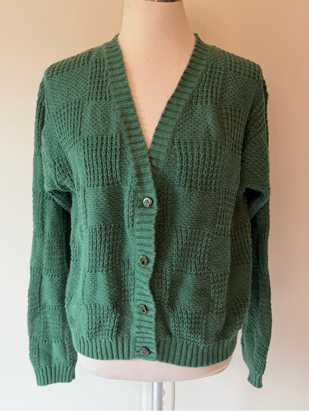 Boundary Waters Vintage Green Mixed Stitch Knit Cardigan Sweater Button Up Large